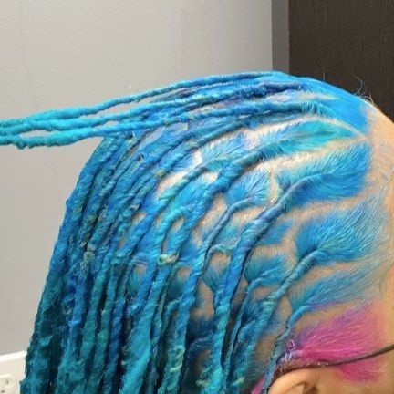 Pink And Blue Locs, Blue And Purple Locs, Midnight Blue Locs, Teal Locs, Loc Mohawk Styles, Two Tone Locs, Coloured Locs, Blue Locs, Colorful Locs