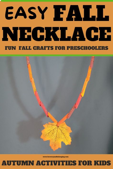 Pin reads, Easy Fall Necklace. Fun Fall Crafts for preschoolers. Autumn activities for kids. Image is of a homemade Fall inspired necklace. November Crafts Preschool, Kids Fall Activities, Fall Crafts For Preschoolers, Kids Crafts Toddlers, Fall Crafts For Adults, Easy Preschool Crafts, Preschool Crafts Fall, Halloween Art Projects, Fall Necklace