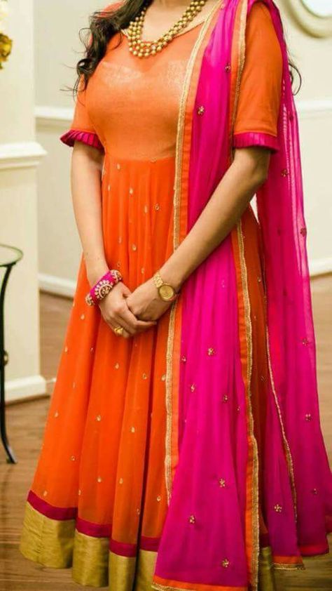 Orange pink combination Orange Pink Outfit, Pink Combination, Combination Dresses, Designer Anarkali Dresses, Saree Bollywood, Punjabi Fashion, Dress Models, Punjabi Dress, Long Gown Dress