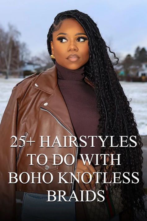 25+ Stunning Hairstyles to Try with Boho Knotless Braids How To Style My Bohemian Braids, Boho Braids With Human Hair Black Women, Boho Knotless Braids Maintenance, Ways To Wear Boho Knotless Braids, Boho Braid Bob Braids, Boho Braid Style Ideas, Bohemian Braid Hairstyles, Triangle Boho Knotless Braids, Boho Braids Hairstyles Updo