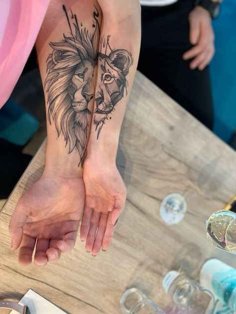 Husband Wife Lion Tattoos, Lion Tattoo Couple Matching, Matching Tattoos Lion And Lioness, Lions Couple Tattoo, Lion Tattoo For Couples, Lion Tattoo Couple, Tiger Couple Tattoo, Lion Lioness Tattoo Couple, Matching Lion Tattoos Couples