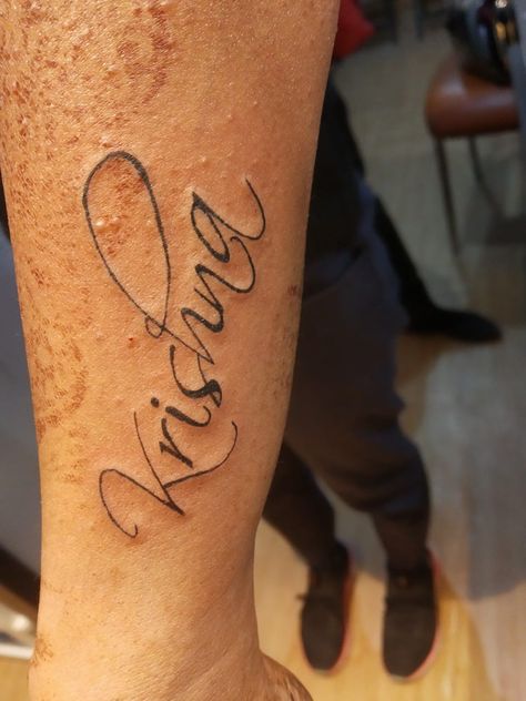 Call 9818284355 for tattoo appointment at Gurgaon, Delhi, Amritsar Place: Angel Tattoo Design Studio #nametattoo Krishna Name Tattoo Design, Krishna Name Tattoo, Krishna Name, Name Tattoo Design, Krishna Names, Tattoo Appointment, Strength Tattoo, Angel Tattoo Designs, Name Tattoo Designs