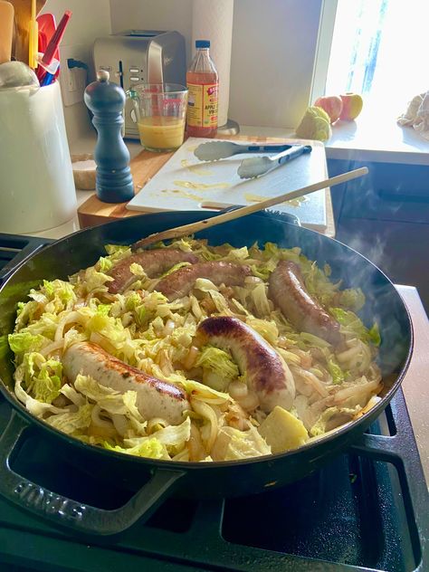 Five-Ingredient Dinner: Chicken-Apple Sausages with Onions and Cabbage | Cup of Jo Chicken Sausage Dinner, Sausage Recipes For Dinner, Sausage Dinner, Chicken Apple, Chicken Apple Sausage, Apple Sausage, One Pan Chicken, Cup Of Jo, Dinner Chicken