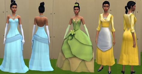 All Of The Disney Princesses, Princess Tiana Dress, Disney Princess Challenge, Rapunzel Outfit, Sims Challenge, Tiana Dress, The Disney Princesses, Casual Braids, Sims 4 Challenges