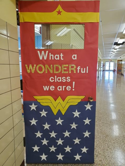 Super Hero Bulliten Board Ideas, Wonder Woman Bulletin Board, Wonder Woman Door Decoration, Superhero Homecoming Theme, Superhero Hallway Decorations, Wonder Woman Classroom Theme, Superhero Door Decorations, Super Hero Door Decorations Classroom, Super Hero Bulletin Board Ideas