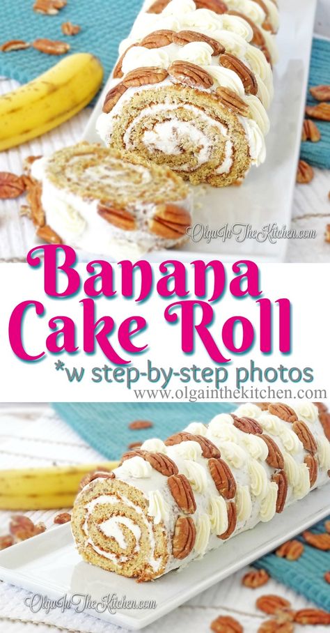 Banana Cake Roll: sweet, fruity, tangy and delicious. Great combo of lemony filling, pecan decor and banana dough. | olgainthekitchen.com Banana Cake Roll, Roulade Cake, Popular Desserts Recipes, Cake Banana, Cake Roll Recipes, Fruity Cake, Pavlova Recipe, Healthy Cake Recipes, Macaroon Recipes