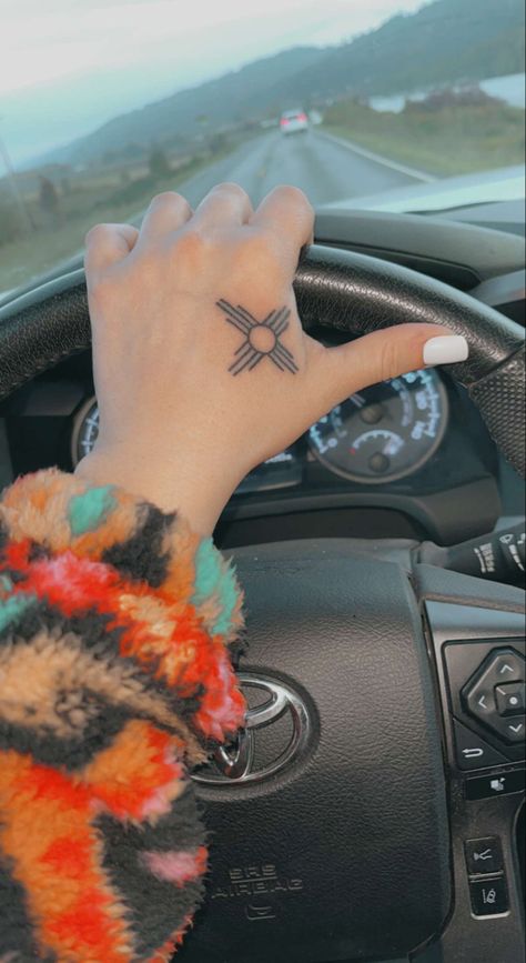 Native Hand Tattoos For Women, Small Western Hand Tattoos For Women, Hand Tattoos For Women Country, Cute Western Hand Tattoos, Western Tattoos Hand, Western Tattoo Outline, Behind The Ear Tattoo Ideas Western, Longhorn Tattoo On Hand, Zia Sun Symbol Tattoo