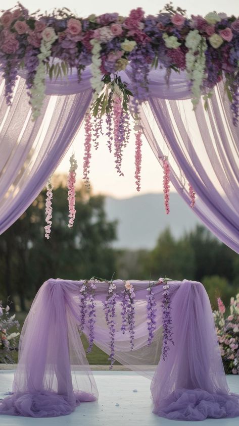 dreamy wedding altar ideas with aesthetic purple floral decoration outdoor Outdoor Ceremony Backdrop, Simple Wedding Alter, Tangled Wedding Theme, Wedding Ceremony Backdrop Ideas, Ceremony Backdrop Ideas, Wedding Altar Ideas, Mystical Wedding, Ceremony Backdrop Outdoor, Night Weddings