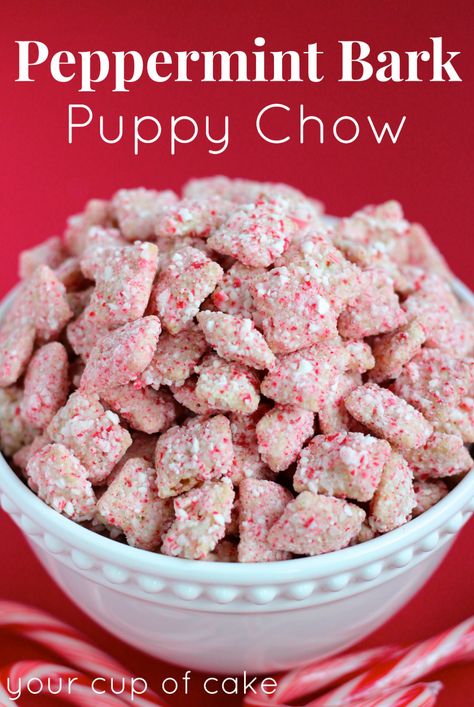 Peppermint Bark Puppy Chow (Muddy Buddies) is the perfect treat for Christmas! White chocolate covered Chex cereal coated with crushed candy canes, could anything be more perfect? And if you're looking for a chocolate peanut butter muddy buddy recipe, my Peanut Butter Brownie Puppy Chow will change your life! The Story: What would December be without a White Elephant gift party? There's always the good gift everyone fights over and then there's the uhh... not-so-good gift.  I remember people giv Peppermint Bark Puppy Chow, Chex Mix Recipes Original, Puppy Chow Chex Mix Recipe, Chex Mix Puppy Chow, Muddy Buddies Recipe, Puppy Chow Recipes, Chex Mix Recipes, Snack Mixes, Muddy Buddies