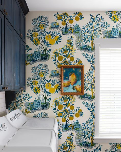 Wallpaper Paneling, Kitchen Wallpaper Accent Wall, Pantry Wallpaper, Beautiful Dining Room Decor, Blue Upholstered Chair, Accent Wall In Kitchen, Laundry Room Colors, Dining Room Accent Wall, Brick Interior Wall