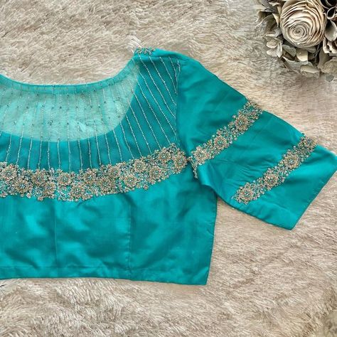 Blue Blouse Maggam Work, Latest Fashion Blouse Designs, Sky Blue Blouse, Net Saree Blouse Designs, Engagement Hair, Plain Blouse Designs, Blouse Maggam Work, Vicks Vapor, Blue Blouse Designs