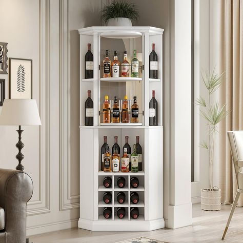 (Sponsored) Corner Wine Cabinet with Rotating Glass Wine Rack, Farmhouse Bar Storage Cabinet with Cup Holders, Home Bar Cabinet for Dining Room, Living Room, Kitchen, White #winecabinetwithstorage Curio Cabinet Bar Makeover, Kitchen Sideboard Ideas Small Spaces, Small Bar In Living Room, Corner Cabinet Decor, Modern Bar Cabinets For Home, Corner Liquor Cabinet, Corner Glass Cabinet, Corner Wine Cabinet, Bar In Living Room