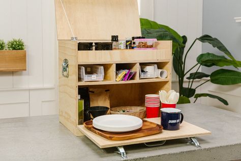 DIY Camp Kitchen Box - Home Improvement Projects to inspire and be inspired | Dunn DIY | Seattle Camping Kitchen Box Design, Camp Kitchen Box Plans, Chuck Box Plans, Portable Camp Kitchen, Camp Kitchen Chuck Box, Camping Diy Projects, Camp Kitchen Box, Camping Chuck Box, A Frame Tent