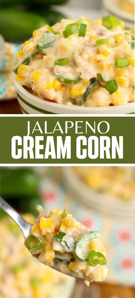 Collage of bowlful of jalapeno creamed corn at top and spoonful of jalapeno creamed corn at bottom. Jalapeno Cream Cheese Corn, Cream Cheese Jalapeño Corn, Corn Casserole With Cream Cheese And Jalapeno, Mexican Corn With Cream Cheese, Slow Cooker Cream Corn, Jalapeno Cream Corn Crockpot, Cheesy Corn Crockpot, Jalapeño Cream Corn, Jalapeno Creamed Corn