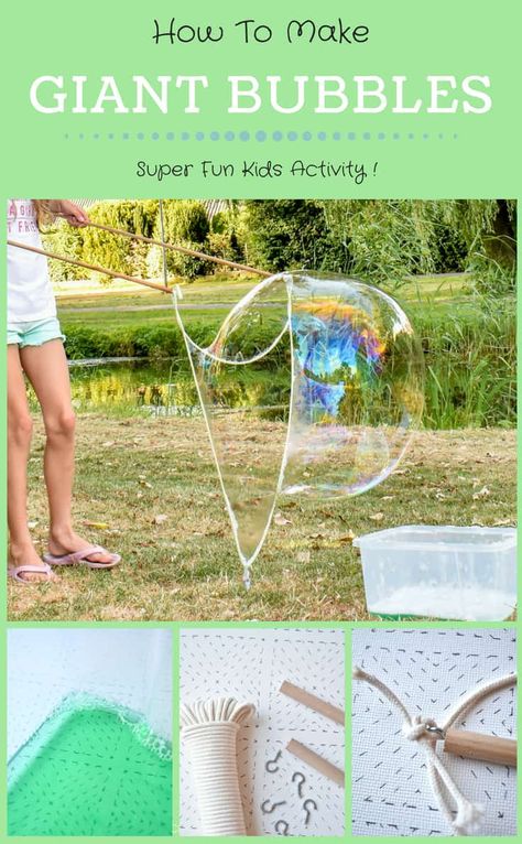 Learn how to create super fun giant bubbles with a couple of sticks and some string! #summer #summeractivities #kidsactivities #stem Giant Bubble Recipe, Big Bubble Wand, Bubble Diy, Giant Bubble Wands, Bubble Recipe, Outdoor Party Games, Savon Diy, Giant Bubbles, Bubble Fun