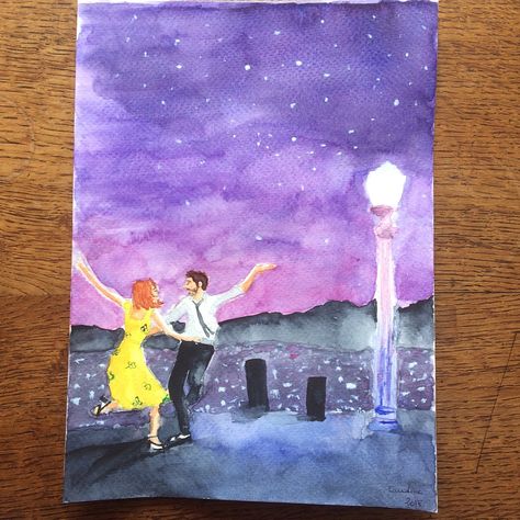 La La Land Painting Ideas, Movie Inspired Paintings, La La Land Gift Ideas, Lala Land Painting, Broadway Watercolor, La La Land Crafts, Lalaland Painting, La La Land Drawing, La La Land Painting