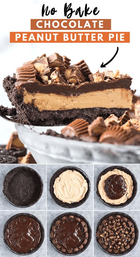 Our reese peanut butter cups pie recipe is the perfect no bake dessert made with only 8 ingredients! This reese’s pie has an oreo crust, creamy peanut butter filling and is loaded with reese’s peanut butter cups. Peanut Butter Cup Pie Recipe, Peanut Butter Pies, Pie No Bake, Chocolate Peanut Butter Pie, Easy Chocolate Desserts, Cake Mug, Oreo Crust, Dessert Aux Fruits, Frosé