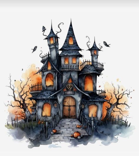 Halloween Scenery Art, Haunted House Ideas Drawing, Haunted House Painting Ideas, Watercolor Haunted House, Halloween Artwork Drawing, Haunted House Drawings, Halloween House Drawing, Haunted House Sketch, Spooky House Drawing