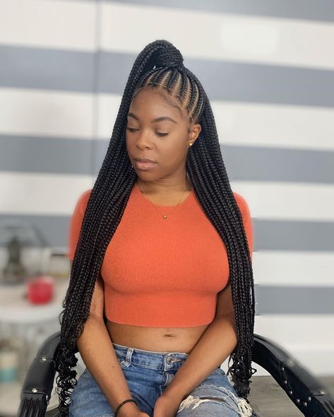 Xia Charles on Instagram: “New service available to book for September‼️😍✨ Book under half up half down with knotless box braids . . . #stitchbraids #feedinbraids…” Ghana Weaving Hairstyles, Weaving Hairstyles, Lemonade Braids Hairstyles, Ghana Weaving, Girl Braided Hairstyles, Feed In Braids, African Hair Braiding Styles, Braiding Styles, Braids Styles