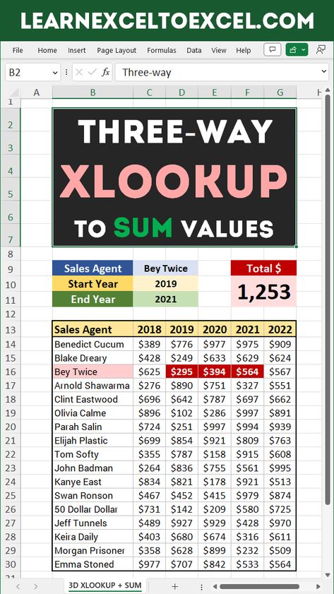 3D XLOOKUP three way lookup to sum values in Excel Vlookup Excel, Excel Shortcuts Cheat Sheets, Personal Budget Template, Microsoft Excel Formulas, Budget Spreadsheet Template, Excel For Beginners, Computer Lessons, Excel Hacks, Microsoft Excel Tutorial