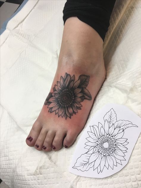 Sunflower Feet Tattoos, Sunflower Foot Tattoos For Women, Foot Cover Up Tattoos For Women, Foot Tattoo Cover Up Ideas, Sunflower Foot Tattoos, Foot Tattoo Designs, Sunflower Tattoo Meaning, Sunflower Tattoo Thigh, Sunflower Tattoo Simple