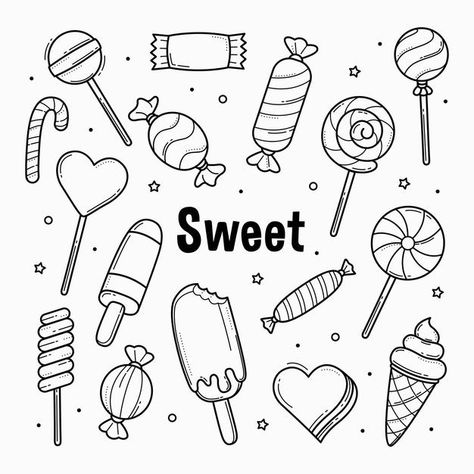 Candy Doodles, Cute Ice Cream Drawing, Cute Cupcake Drawing, Donut Drawing, Cookie Drawing, Desserts For Kids, Candy Tattoo, Candy Drawing, Desserts Drawing