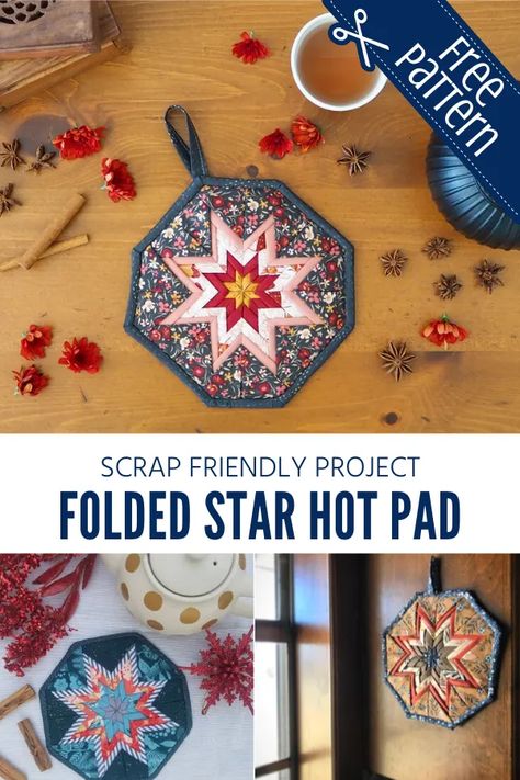 Folded Star Hot Pad Pattern Free, Sewing With Scraps, Potholder Patterns Free, Hot Pads Tutorial, Flower Placemats, Folded Star, Scrap Projects, Quilt Club, Bowl Cozies