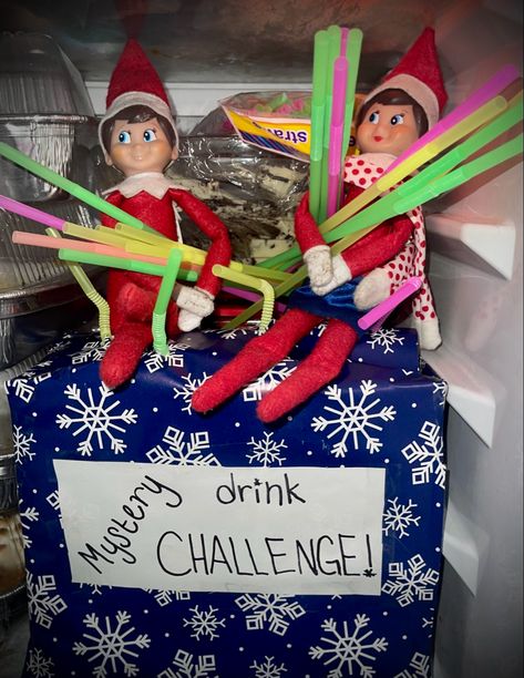 Mystery drink challenge!! Elf On The Shelf Drink Challenge, Elf On The Shelf Mystery Drink Challenge, Mystery Drink Challenge, Stuff For Christmas, Drinking Challenges, Shelf Decorations, Funny Elf On The Shelf, The Elf On The Shelf, Xmas Elf