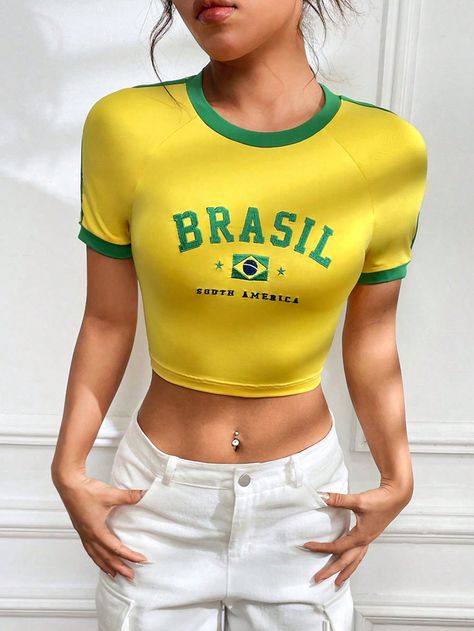 SHEIN EZwear Brazilian-Style Embroidery T-Shirt With Colorful CombinationI discovered amazing products on SHEIN.com, come check them out! Brazilian Shirt, Brazil T Shirt, Aesthetic Baddie, Ladies Outfits, Shirt Tutorial, Embroidery T Shirt, Oversized Clothes, Brazilian Style, Yellow Outfit