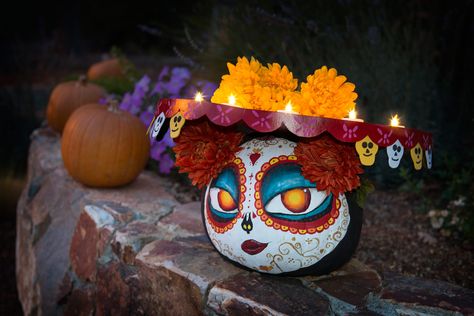 Coco Pumpkin Painting Ideas, Catrina Pumpkin Painting, Day Of The Dead Pumpkin Painted, Coco Pumpkin Painting, Scary Movie Pumpkin Painting, Encanto Pumpkin, Sugar Skull Pumpkin Painting, Catrina Pumpkin, Hippie Pumpkin