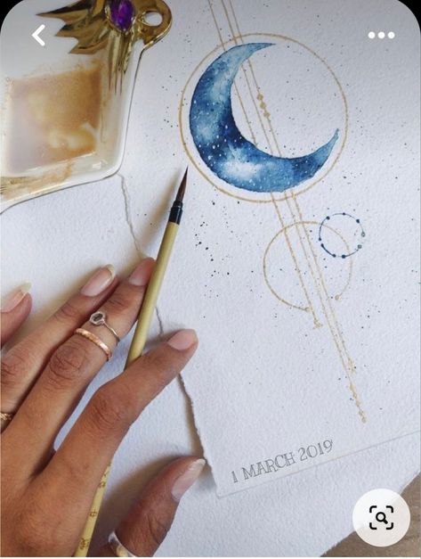 Watercolor Crescent Moon, Celestial Art Watercolor, Moon Phases Watercolor, Moon Art Watercolor, Metallic Watercolor Art, Moon Water Colour, Watercolor Moon Tattoo, Watercolor Art Moon, Witchy Watercolor