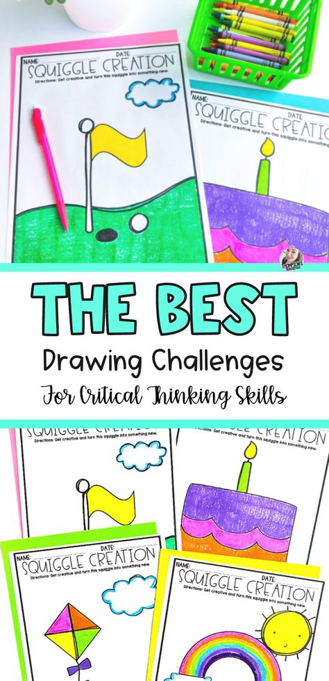 Engage your students and help them develop critical thinking skills with these squiggle drawing challenges! Your classroom students will love these coloring and drawing activities. Use them for morning work, early finishers, brain breaks, and more. These no prep printables are perfect for kindergarten, 1st grade, and 2nd grade kids. They are great for enhancing critical thinking skills and are no prep. Learn more here! Squiggle Drawing, Critical Thinking Skills Activities, Math Early Finishers, Space Crafts For Kids, Bee Crafts For Kids, Fast Finisher Activities, Drawing Challenges, Critical Thinking Activities, Morning Activities