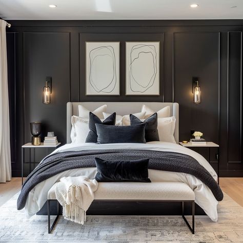 Gray Wall Bedroom, Bedroom Black Accent Wall, Black Accent Wall Bedroom, Black Bedroom Decor Ideas, Black Walls Bedroom, Condo Bedroom, Black Bedroom Decor, Homemade Gift Ideas, Sophisticated Bedroom