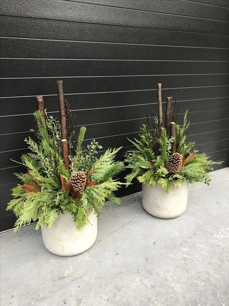 Planters For Christmas Decorations, Spruce Tops Planters, Evergreen Porch Pots, Christmas Planter Boxes, Winter Planters Outdoor, Holiday Planters Front Porches, Winter Pots Outdoor Front Doors, Christmas Planters Outdoor, Christmas Porch Planters