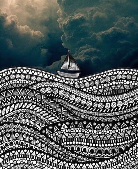 Water Zentangle, Zentangle Clouds, Zentangle Waves, Wave Zentangle, Water Mandala, Sea Mandala, Sailboat Drawing, Zantangle Art, Zentangle Mandala