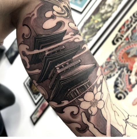 Japanese Pagoda Tattoo, Pagoda Tattoo Design, Pagoda Tattoo, Japanese Temple Tattoo, Japanese Forearm Tattoo, Traditional Japanese Tattoo Sleeve, Daruma Doll Tattoo, Samurai Tattoo Sleeve, Tattoo School