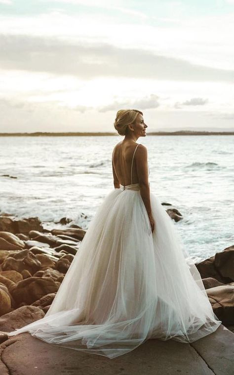 stunning low open back tulle ballgown beach wedding dress Tulle Ballgown, Open Dress, Dresses Beach, Back Wedding Dress, Ball Gown Skirt, Wedding Hair Down, A Wedding Dress, Mod Wedding, Beauty Dress