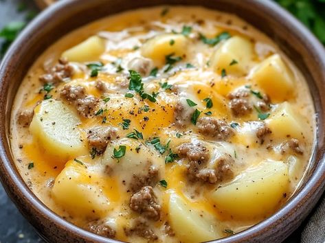 Cheesy Hamburger Potato Soup - Ground Beef Recipes For Dinner Pioneer Woman Hamburger Soup, Crock Pot Hamburger Potato Soup, Ground Chuck Soup Recipes, Cheeseburger Soup Recipes Easy, Cheesy Hamburger Potato Soup Crockpot, Potato Soup With Hamburger Meat, Hamburger Potato Soup Crockpot, Crockpot Creamy Potato & Hamburger Soup, Crockpot Recipes With Potatoes