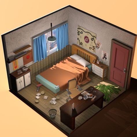 Uzumaki Naruto room  by Sedthawut DetakaratCharacter room project Uzumaki Naruto room from Naruto. Naruto Shifting Visualization, Room Design Anime, Naruto Room Ideas, Naruto Room Decor, Naruto Bedroom, Naruto Room, Naruto Background, Small Game Rooms, Building Concept