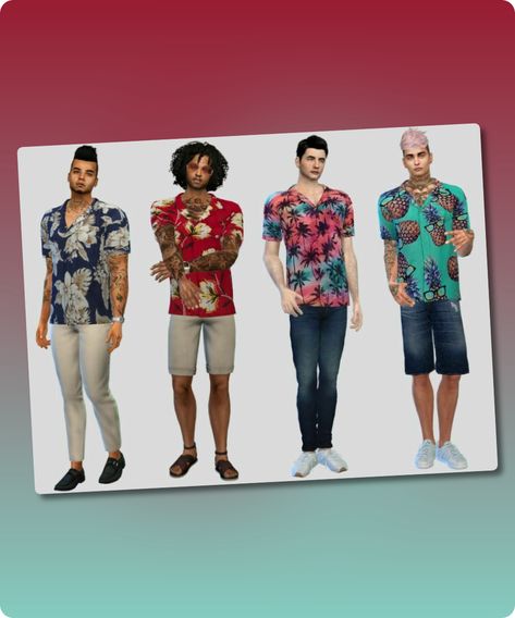 Sims 4 Clothing CC: Beach Patterned Shirts By Mclaynesims Sims 4 Cc Hawaiian Shirt, Sims 4 Hawaiian Shirt, Sims 4 Tropical Clothes, Sims 4 Cc Download, Tropical Outfit, Patterned Shirts, Male Clothing, Beach Clothing, Basic Cardigan