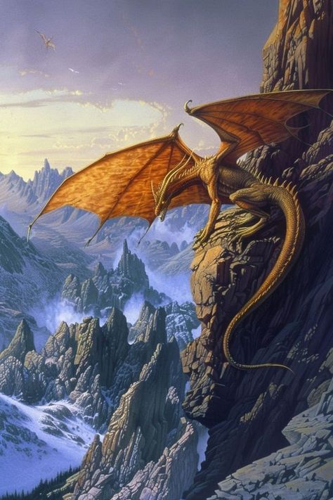 Rocky Cliff, Building Art, Fantasy Creatures Art, Sun Sets, Dragon Artwork, Mythological Creatures, Fantasy Dragon, Mountain Range, Creature Art