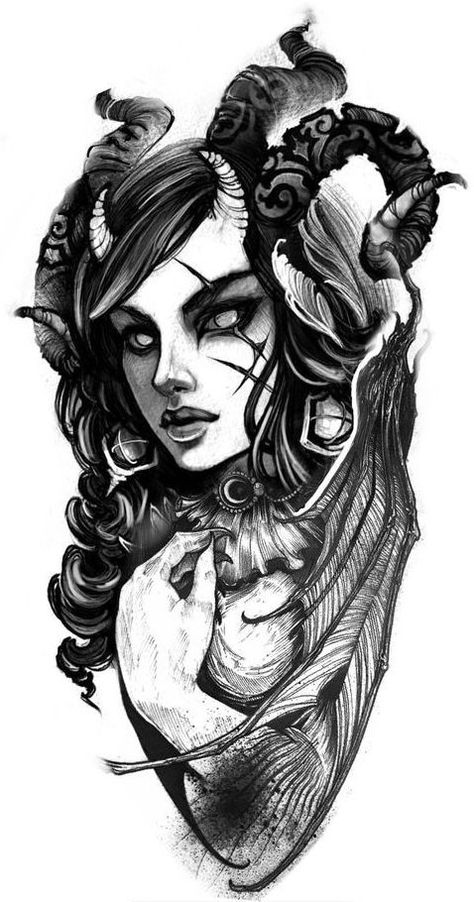 Dark Tattoo For Women, Creepy Woman Tattoo, Dark Women Tattoo, Dark Lady Tattoo, Dark Image Tattoo, Taurus Girl Tattoo, Evil Woman Tattoo, Sucubus Tattoo Design, Modern Tattoo Men