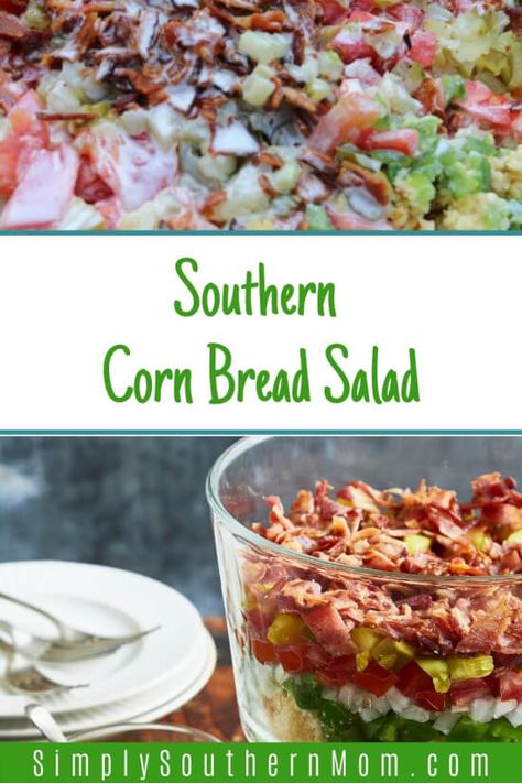 Corn Bread Salad, Southern Buttermilk Cornbread, Cornbread Salad Recipe, Southern Cornbread Salad, Southern Salad, Savory Cornbread, Leftover Cornbread, Southern Tomato Pie, Cornbread Salad