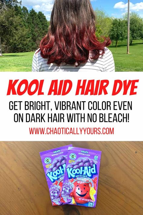 Color Hair With Koolaid, Koolaid Hair Dye How To, Cool Aid Hair Dye, Kool Aid Hair Dye Brunette, How To Dye Hair With Koolaid, Hair Dye Ends Of Hair, Dye Hair With Koolaid, Temporary Hair Dye For Dark Hair, Ends Of Hair Dyed