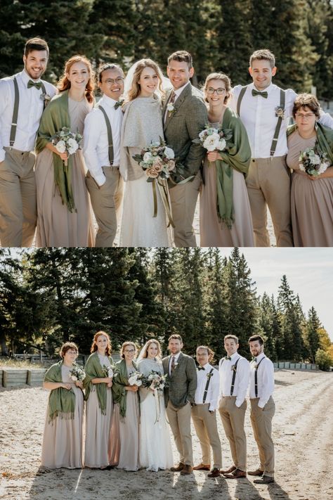 Groomsman Attire Sage Green, Suspenders And Bow Tie Wedding, Bridesmaid Dresses Khaki, Sage Green Khaki Wedding, Taupe Suit Wedding, Khaki And Sage Groomsmen, Taupe And Sage Wedding, Khaki And Sage Wedding, Safe Green Groomsmen