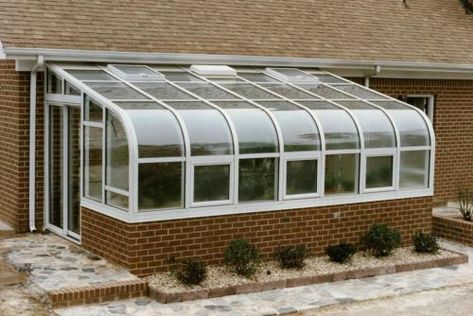 Residential Curved Eave Solarium Curved Eave Sunroom, Eaves Window, Small Greenhouses, Closed In Porch, Sunroom Kits, Nice Architecture, Rustic Remodel, Window Greenhouse, 60s House