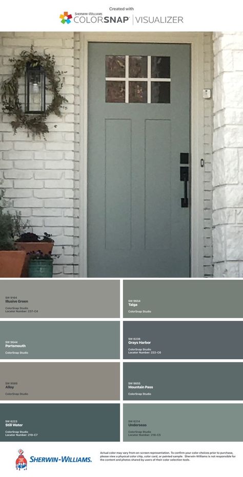 Front Door Colors For Cream Colored House, Gray Siding Door Color Ideas, Greenish Blue House Exterior, Cottage Outdoor Paint Colors, Green Exterior House Colors Farmhouse Sherwin Williams, Blue Green Grey Exterior House Colors, Exterior Home Painting Ideas Color Palettes, Front Door Colors Interior Entryway, Front Porch Colors Scheme