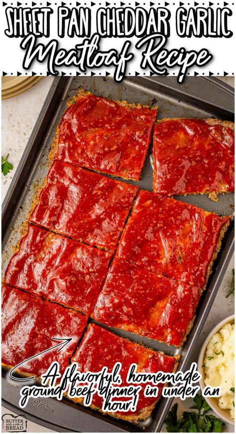 Sheet Pan Meatloaf is a comforting, satisfying meal that is perfect for weeknight dinners or serving a crowd! This easy meatloaf recipe takes the traditional meatloaf and updates it by making it in a sheet pan, which not only speeds up the cooking time but also makes it easier to serve. Strawberry Jello Cheesecake, Sheet Pan Meatloaf, Cold Chicken Pasta Salad, Pan Meatloaf, Delicious Casseroles, Meatloaf Topping, Cake Batter Fudge, Jello Cheesecake, Easy Italian Pasta Salad