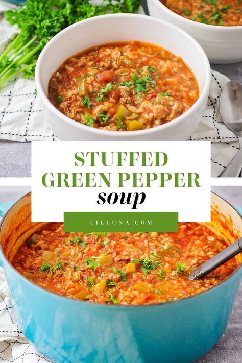 If you like classic stuffed peppers, you're going to LOVE this stuffed green pepper soup. With just a hint of spice, it's packed with flavor! #stuffedpepper #soup #souprecipes #bellpeppers #groundbeef Stuffed Green Pepper Soup, Stuffed Green Pepper, Healthy Delicious Soups, Green Pepper Soup, Classic Stuffed Peppers, Crockpot Stuffed Peppers, Pot Pie Soup, Soup With Ground Beef, Pepper Soup