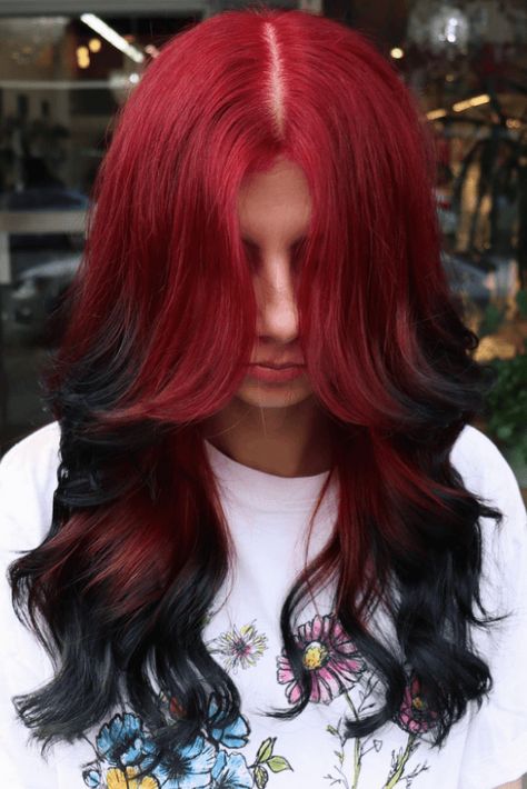 bold hair color, daring hair color, headturning hair Red Faded Hair, Red Hair With Black Ends, Black Hair With Red Roots, Red Shadow Root, Red Roots Black Hair, Black Roots Red Hair, Bold Hair Color Ideas, Peach Hair Colors, Edgy Hair Color